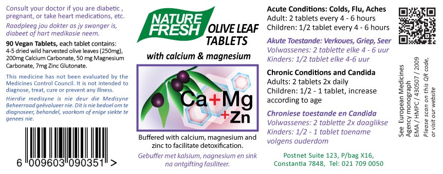 Olive Leaf Tablets with calcium Magnesium and Zinc label